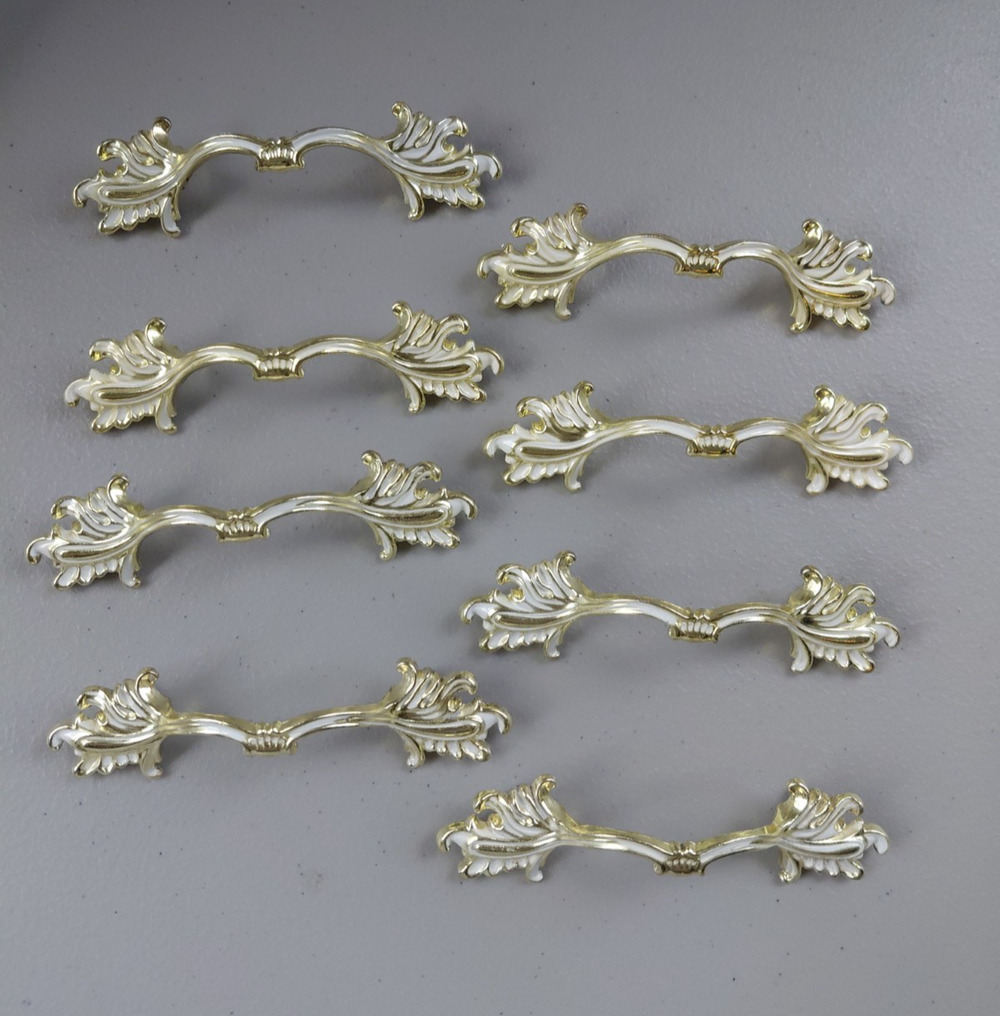 8 Vintage Ajax 990 French Provincial Drawer Cabinet Door Handle Pulls Gold White